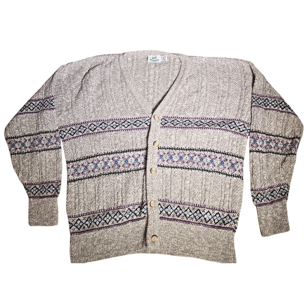 Vintage 80's Van Heusen417 Cardigan Sweater Mens Medium USA Fair Isle Cable Knit